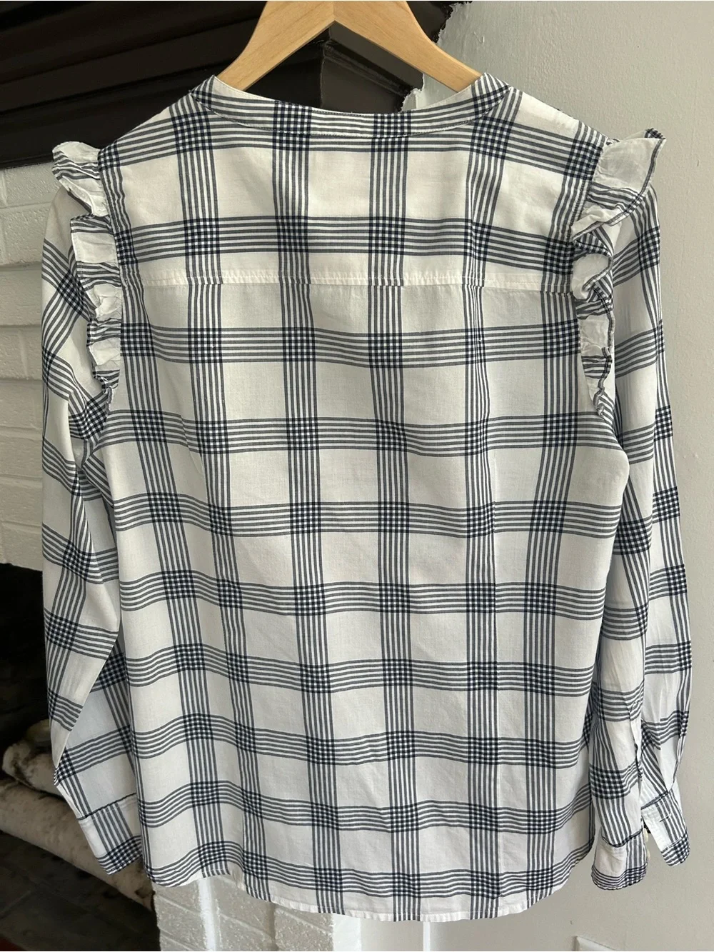J. Crew White and Black Plaid Ruffle-Shoulder Button-Down Top